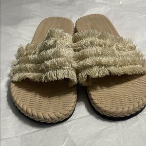 Fringed Slide Sandals in Beige - Women